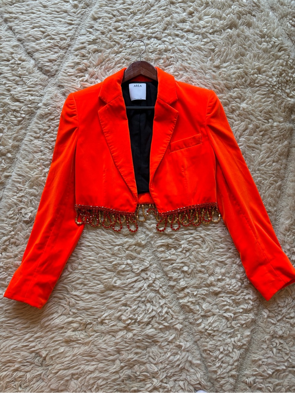 AREA Vibrant Orange Cropped Blazer with Beaded Fringe